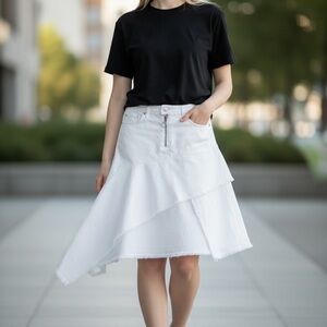 Eight Dreams Denim White Asymmetrical Skirt XS Italian Cotton Raw Hem High Low